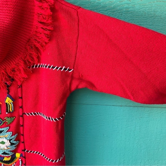 Vintage 80s Victoria Jones BEADED Aztec Fringe Cowlneck Sweater Red SIZE MEDIUM - Picture 4 of 8